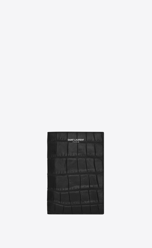 saint laurent paris passetui aus schwarzem leder mit krokodilledereffekt